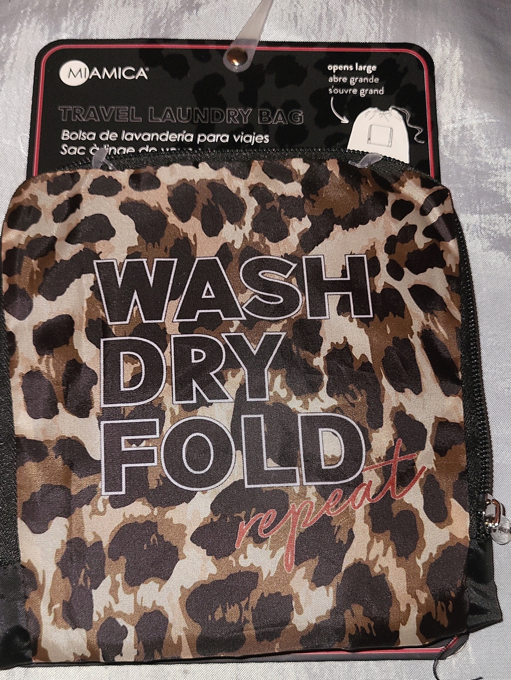 miami Leopard Print Travel Laundry Bag with Bold Wash Dry Fold Text Li